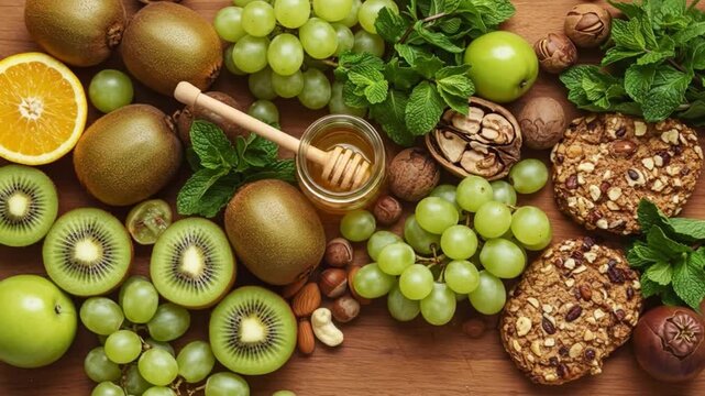 A vibrant arrangement of fresh fruits, nuts, and honey on a wooden surface. Perfect for food blogs, healthy recipes, and nutrition guides.
