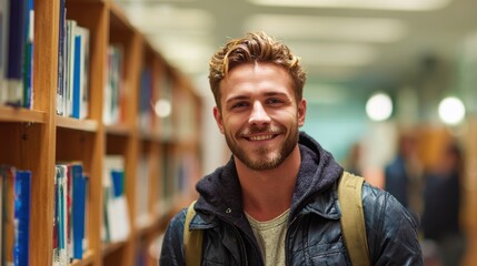Fototapeta premium Handsome Smile student man with backpack and books in library, education, university, cheerful, college, happy, standing, school, backpack, attractive, enjoyment, confidence