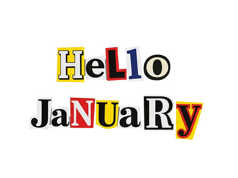 Colorful typographic representation of a greeting message for January against a plain white background from a straightforward viewpoint