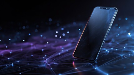 Smartphone on technology background. Neon glowing mobile phone on abstract dark background. Futuristic network connection
