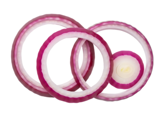 Sliced red onion rings arranged in a circular pattern on a white background
