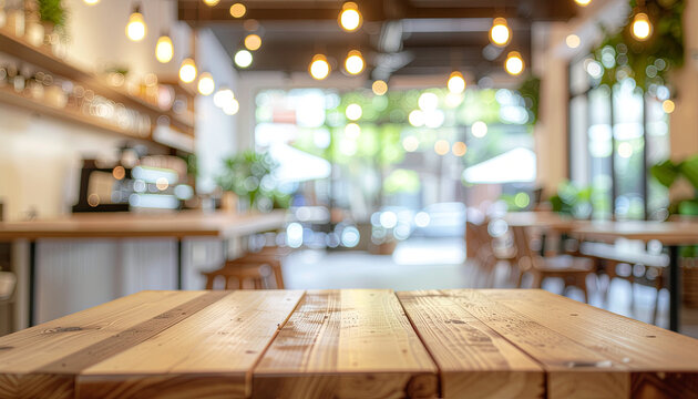 A rustic wooden table in the foreground with a blurred background of a modern, cozy cafe interior featuring warm lighting and large windows.
