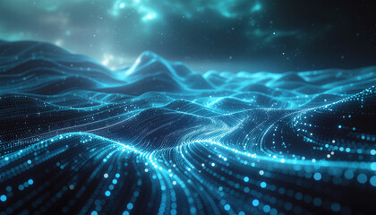 Abstract digital landscape with glowing blue data streams flowing across undulating dark surfaces under a dark sky.