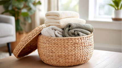 Cozy living room with woven basket ottoman for blanket storage