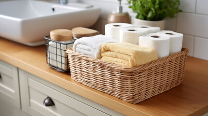 Fototapeta premium Efficient bathroom storage solutions with organized under sink baskets