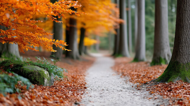 Scenic autumn forest trail with vibrant foliage and serene path for nature escape - Powered by Adobe
