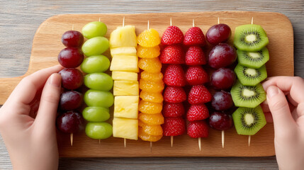 Colorful fruit skewers arrangement on wooden board for healthy eating or summer party