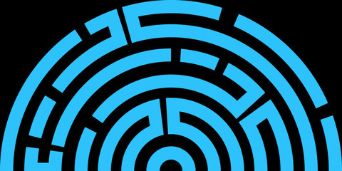 Abstract blue circular maze pattern on black background, modern geometric design
