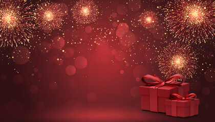 Red Gift Boxes With Firework Light Background