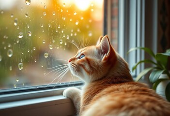 A cat enjoys a cozy rainy day, gazing at the rain through a window Soft, warm light fills the tranquil scene, evoking comfort and peace,  watching rain,  pet