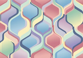 Pastel interlocking shapes create a retro-inspired groovy 1970s flowing pattern with soft gradients and gentle color