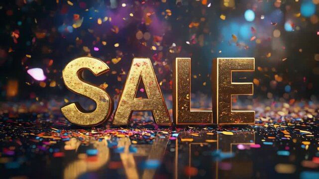 metallic gold sale letters on dark glossy reflective surface with colorful falling confetti