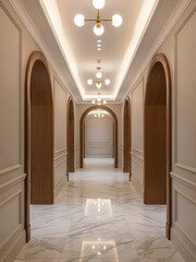 Symmetrical corridor with arches and marble floor, illuminated with sphere lights