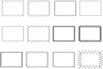 Set of black and white rectangular frames with different decorative borders. Collection of simple outline boxes, zigzag, dashed, stitched, and hand-drawn style frames, perfect for labels, templates