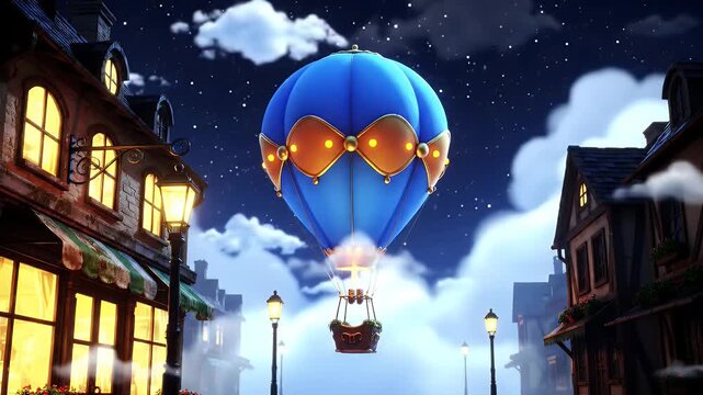 Whimsical Blue Hot Air Balloon Floating Over Nighttime European Town Street Under Starry Sky