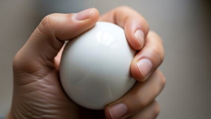 Hand gripping a white spherical object tightly in a neutral background