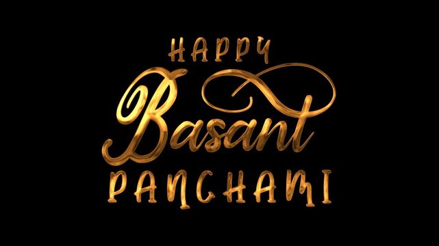 Happy basant panchami text animation in gold. Festive occasion design suitable for greeting cards, banners, social media posts.