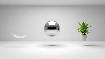 Modern minimalist room with feather, sphere and potted plant