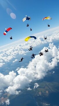 Skydivers Descend Through Clouds With Colorful Parachutes Under Blue Sky