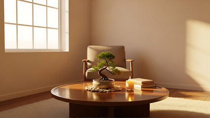 Cozy living room with bonsai tree on wooden coffee table