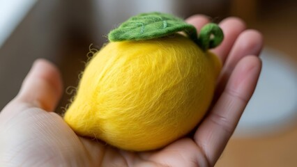 Hand holding a vibrant needle felted lemon with textured wool details