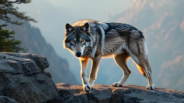 Majestic wolf standing on rocky mountain peak in wild landscape