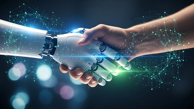 Robot and human hand shaking with glowing connections