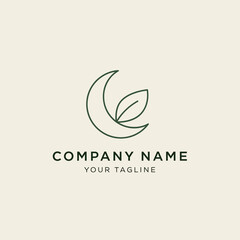 Fototapeta premium Minimalist Line Art Logo Design with Crescent Moon and Leaf.