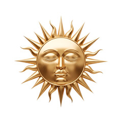 Golden sun face with closed eyes and rays on white background, symbolizing warmth