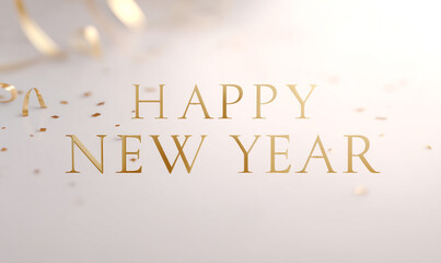 Elegant Happy New Year Greeting with Gold Confetti on Clean White Background for Festive Celebration. generative aI