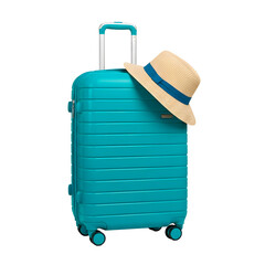 Obraz premium Teal travel suitcase with straw hat on top, isolated on white background