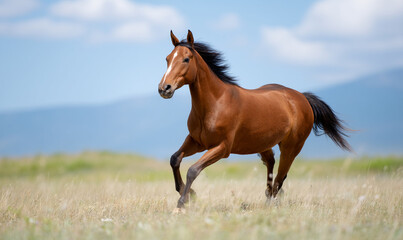 Energetic Brown Horse Running Freely Across Open Grass Field under Blue Sky. generative aI