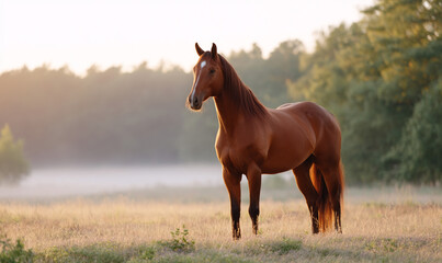 Elegant Brown Horse Standing Calmly in Sunlit Meadow with Soft Morning Light. generative aI