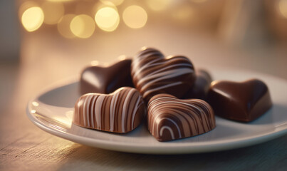 Assorted Heart Shaped Chocolates on White Plate with Soft Romantic Lighting and Decorative Background. generative aI
