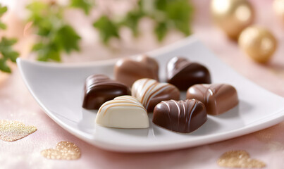 Assorted Heart Shaped Chocolates on White Plate with Soft Romantic Lighting and Decorative Background. generative aI