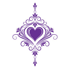 Purple heart shape ornate design with floral swirls isolated on white background