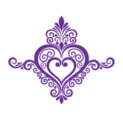 Purple heart shape ornate design with swirls and flourishes isolated on transparent background