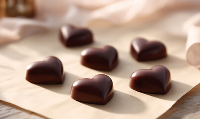 Heart Shaped Dark Chocolates Neatly Arranged on Beige Paper with Warm Sunlight. generative aI