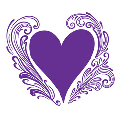 Purple heart shape with decorative floral swirls isolated on transparent background