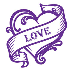 Purple heart shape with ribbon and love text on white background
