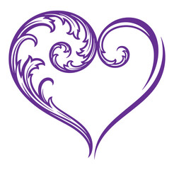 Purple heart shape with swirling floral design on white background