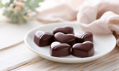Assorted Heart Shaped Chocolates on White Plate with Soft Romantic Lighting and Decorative Background. generative aI