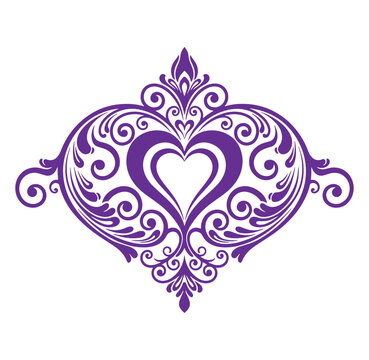 Purple heart shape ornate design element with swirls and flourishes isolated on white background