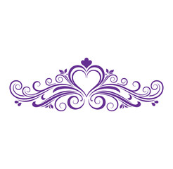 Purple heart shaped floral ornamental design element with swirls and leaves on white background