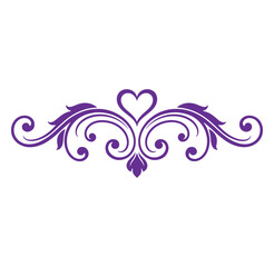 Purple heart shaped floral scroll design element isolated on transparent background