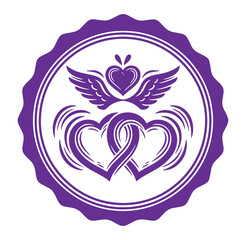 Purple heart shaped logo with wings and circular border design element