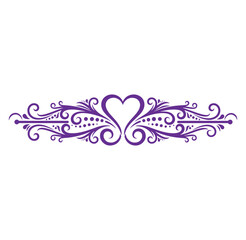 Purple heart shaped ornamental design element with swirling floral patterns isolated on transparent background