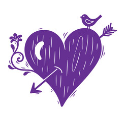 Purple heart with a bird and an arrow through it on white background