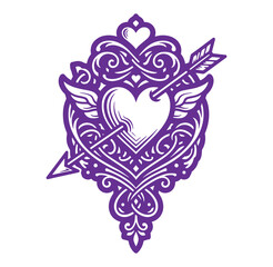 Purple heart with arrow and wings on ornate filigree design isolated on transparent background
