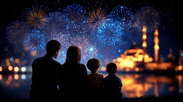 Family silhouette with children watching fireworks over mosque faceless, night celebration, community values and religious holidays, defocused background, with copy space - Powered by Adobe